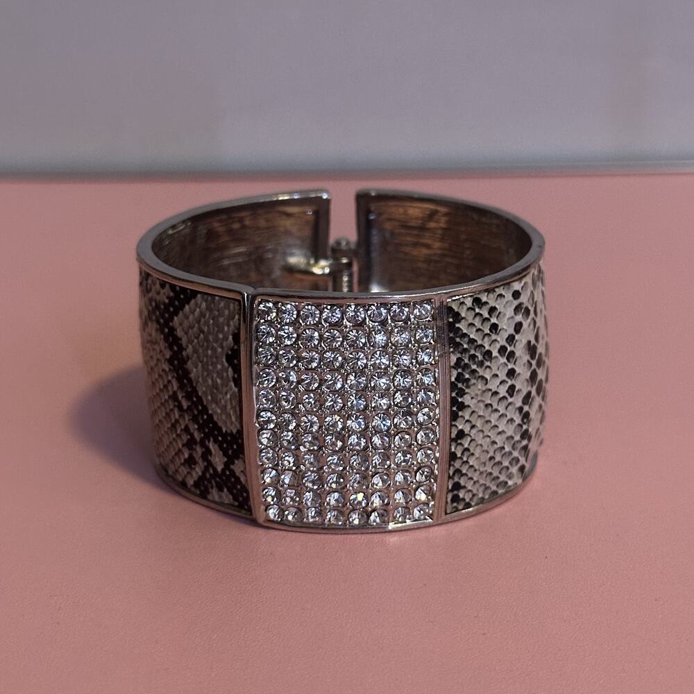 Snake Print Hinged Cuff Bracelet with Clear Rhinestone Panel Silver Tone